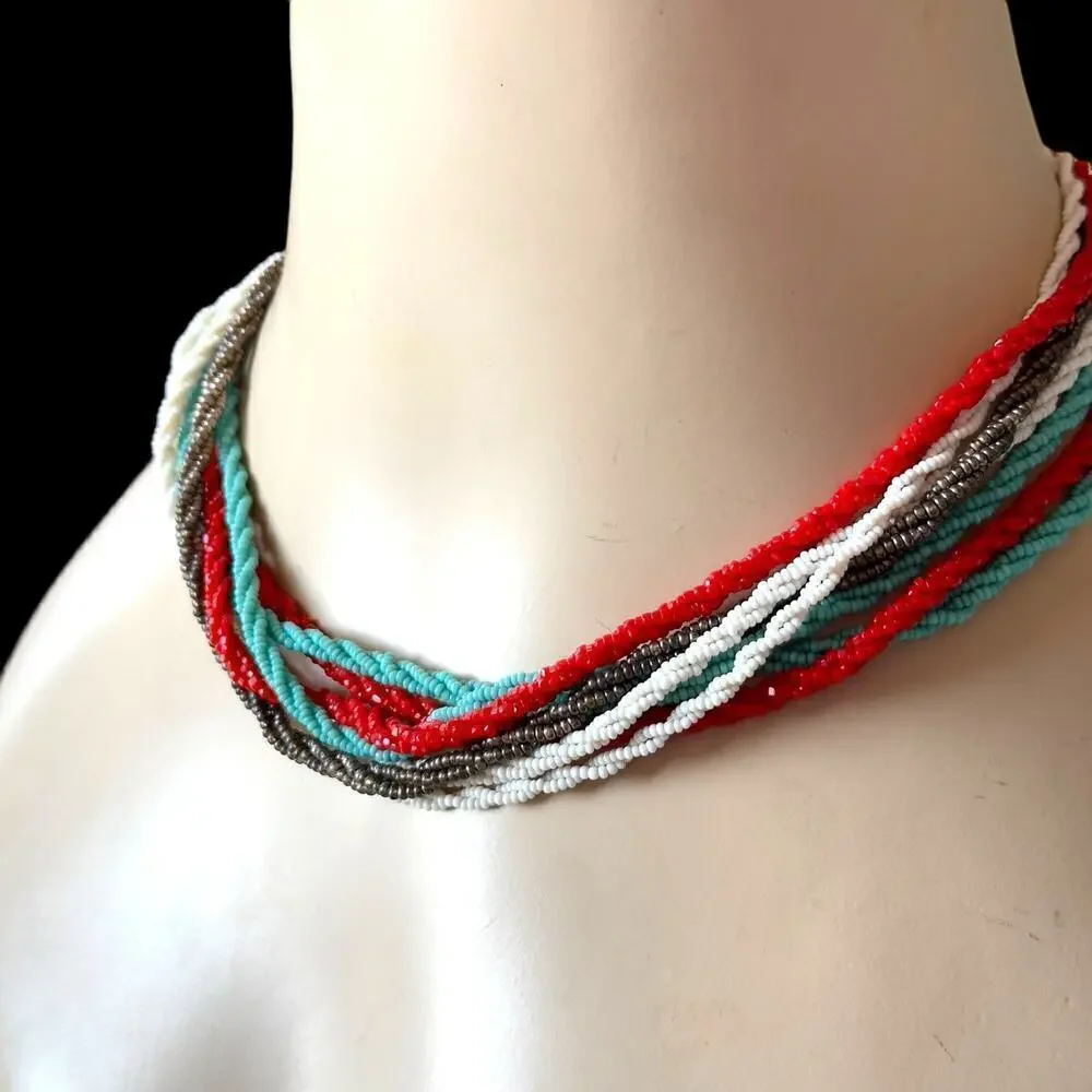 16” Vintage Glass Micro Seed Bead Necklace Multi Red Blue White Gray 1940s-60s
